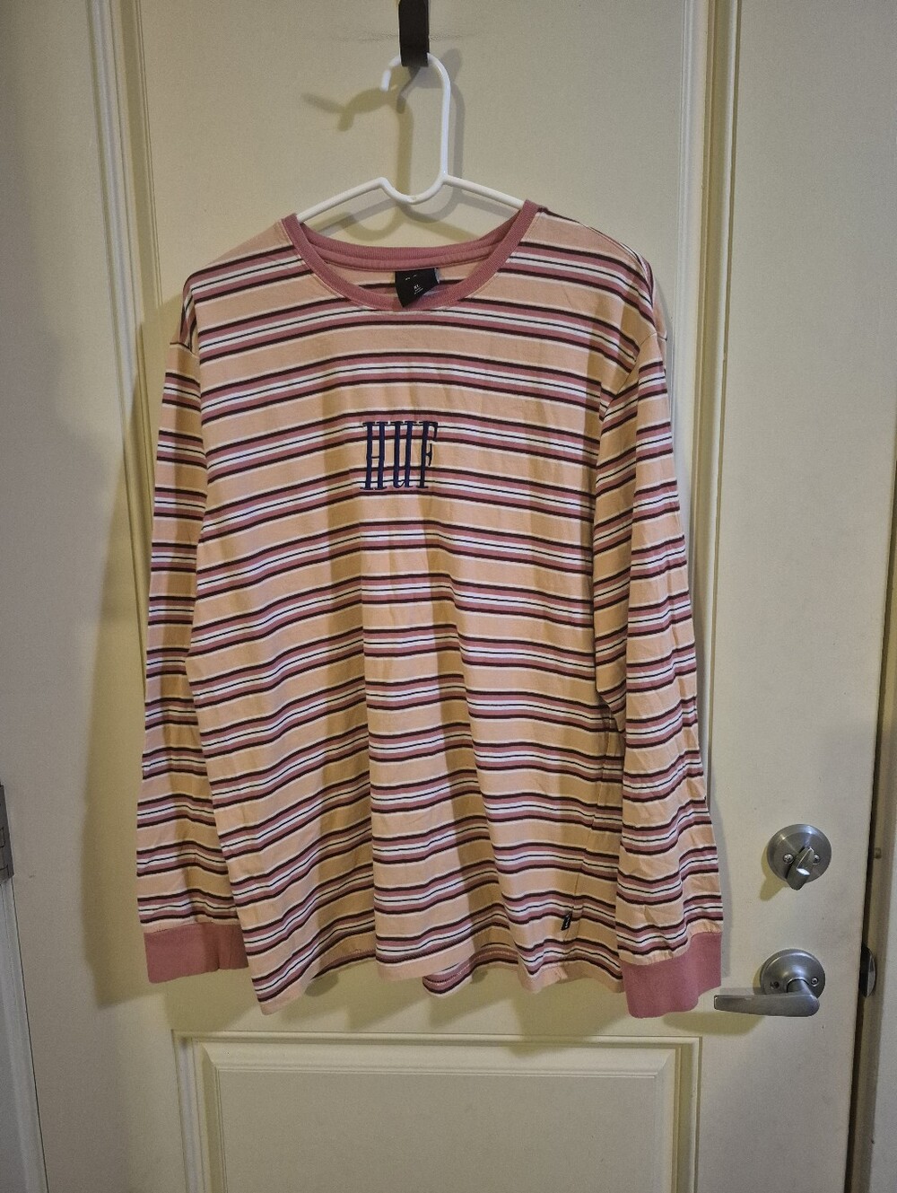 HUF Pink and Cream Striped Long-Sleeve Crewneck